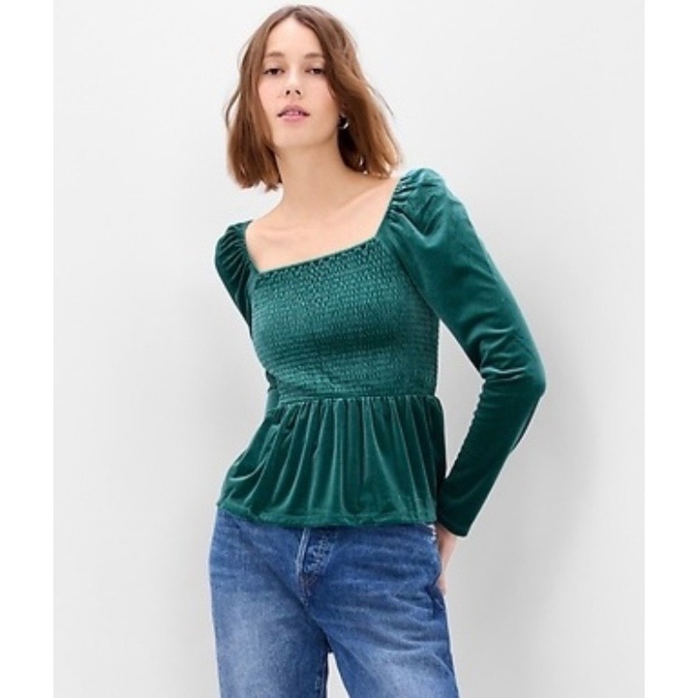 NWT Gap Womens Puff Sleeve Smocked Peplum Top Velvet Green Size Large